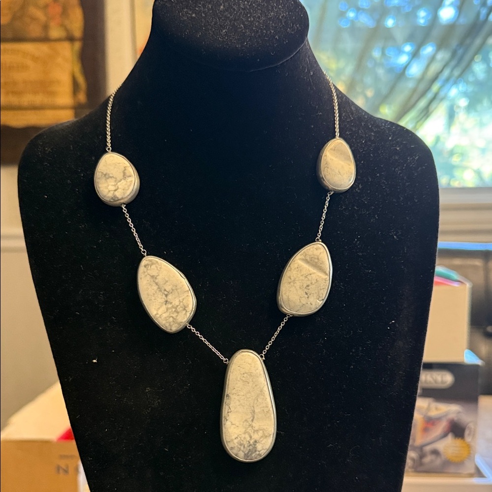 J Jill semi precious stone, unusual station, abstract, Silvertone neck necklace